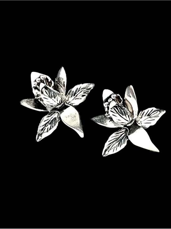 Taxco Jewelry - Vintage Taxco Sterling Silver Cymbidium Orchid Earrings Mexico Eagle 3